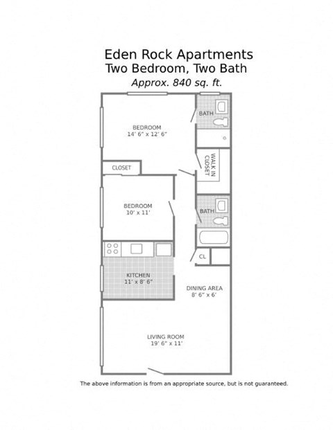 Floor plan for 2 beds, 2 baths, 840 sqft